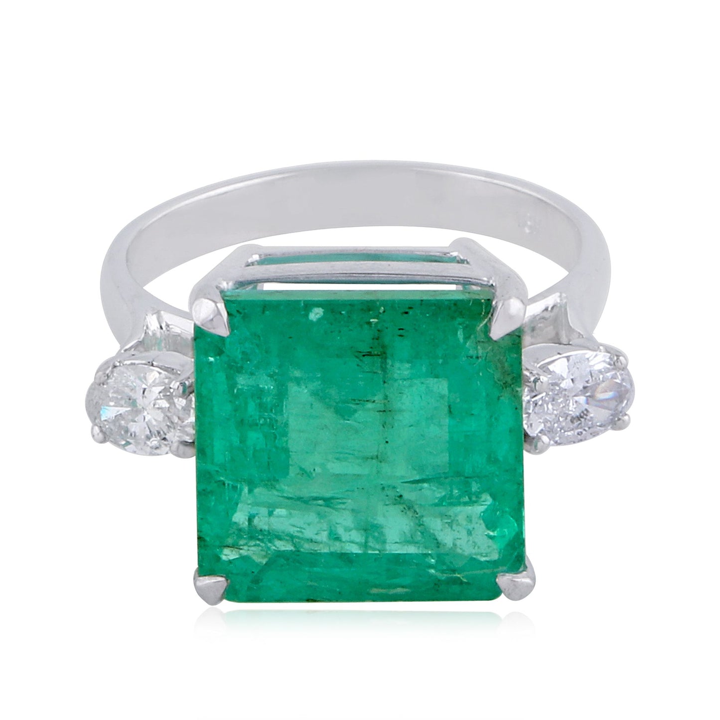 Natural Emerald Solid 18 Kt White Gold SI Clarity HI Color Diamond Proposal Ring