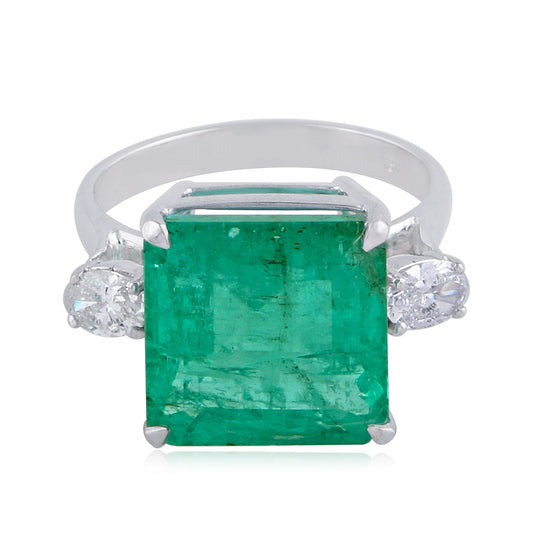 Natural Emerald Solid 18 Kt White Gold SI Clarity HI Color Diamond Proposal Ring