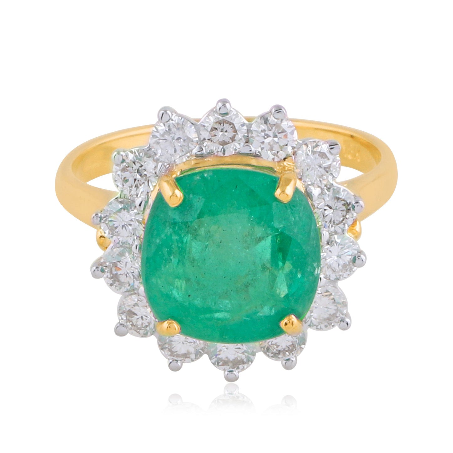 Solid 18 Kt Yellow Gold Natural Emerald SI Clarity HI Color Diamond Proposal Ring