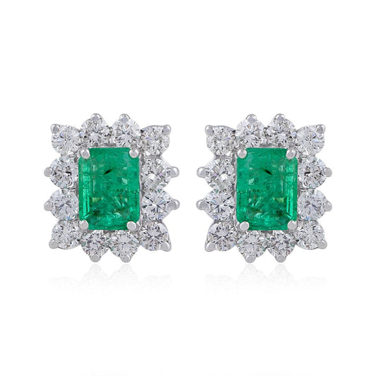 Rectangle Shaped Emerald Solid 18 Kt White Gold SI Clarity HI Color Round Diamond Fine Stud Earrings