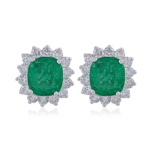 Natural Emerald Solid 18 Kt White Gold SI Clarity HI Color Round Diamond Handmade Stud Earrings