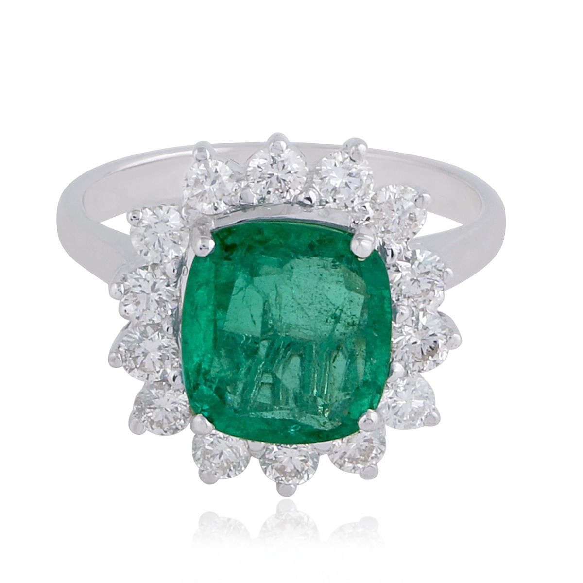 Real Emerald Solid 18 Kt White Gold SI Clarity HI Color Round Diamond Promise Ring