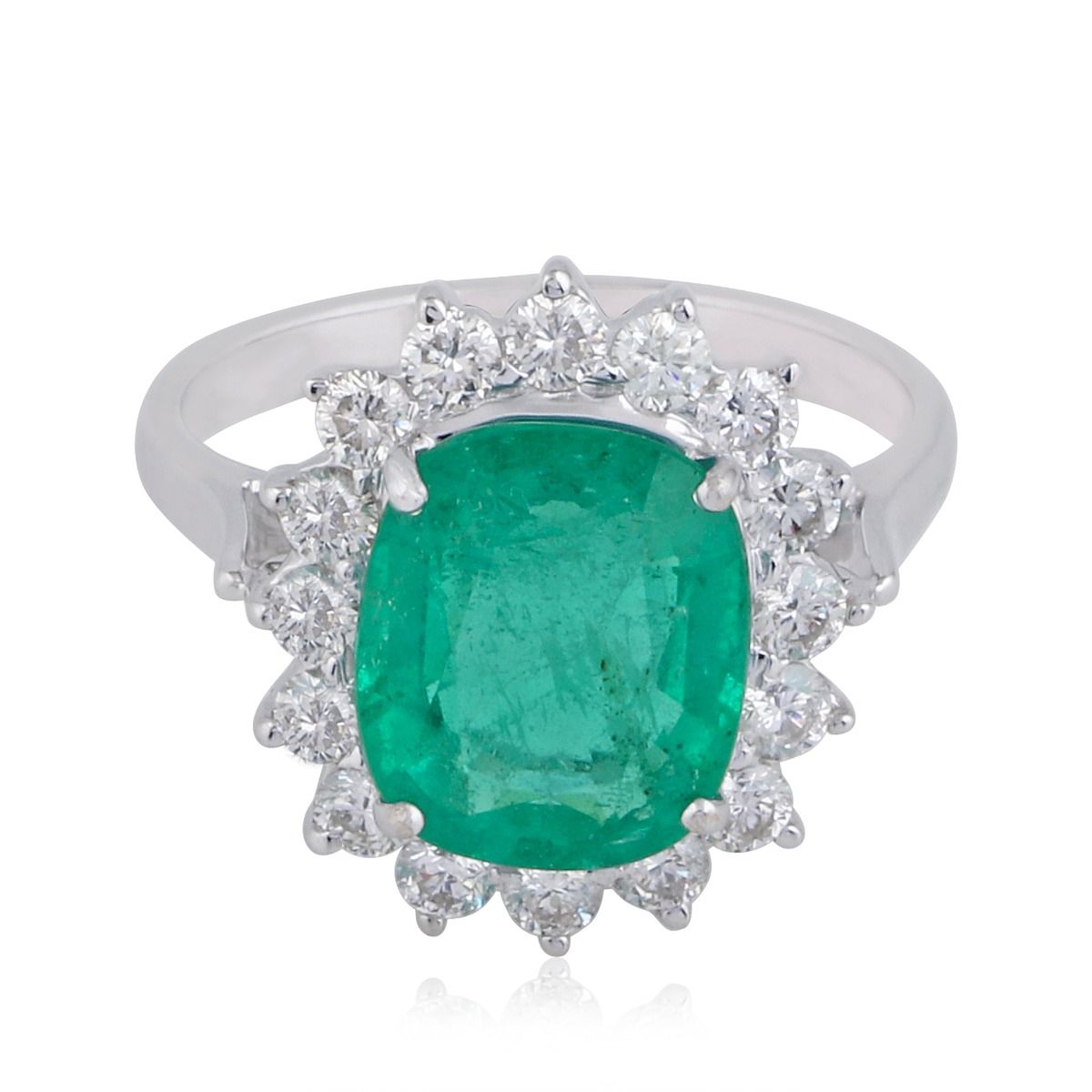 Genuine Emerald Solid 18 Kt White Gold SI Clarity HI Color Round Diamond Promise Ring