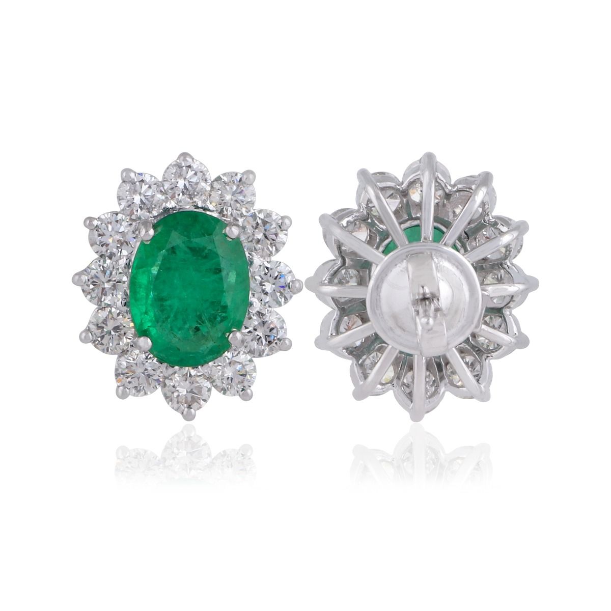 Oval Shaped Emerald Solid 18 Kt White Gold SI Clarity HI Color Round Diamond Handmade Stud Earrings