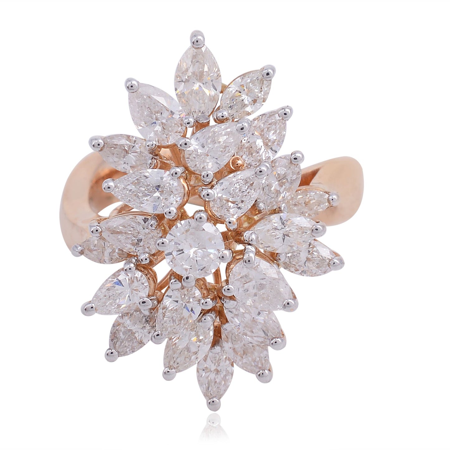 3.35 TCW Solid 18 Kt Rose Gold SI Clarity HI Color Marquise Shaped Diamond Proposal Flower Ring