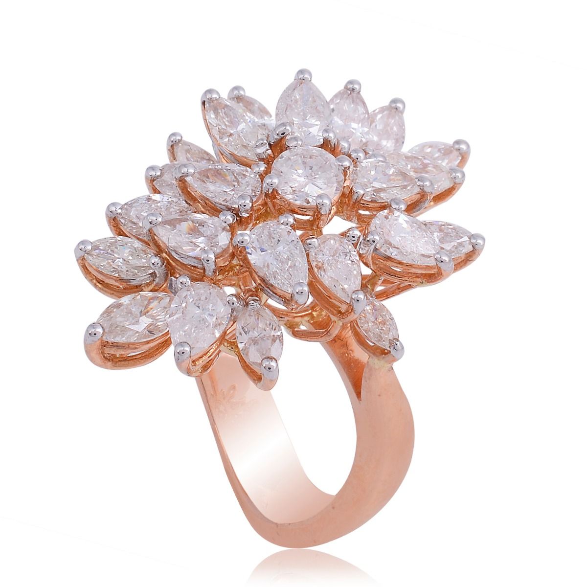 3.35 TCW Solid 18 Kt Rose Gold SI Clarity HI Color Marquise Shaped Diamond Proposal Flower Ring