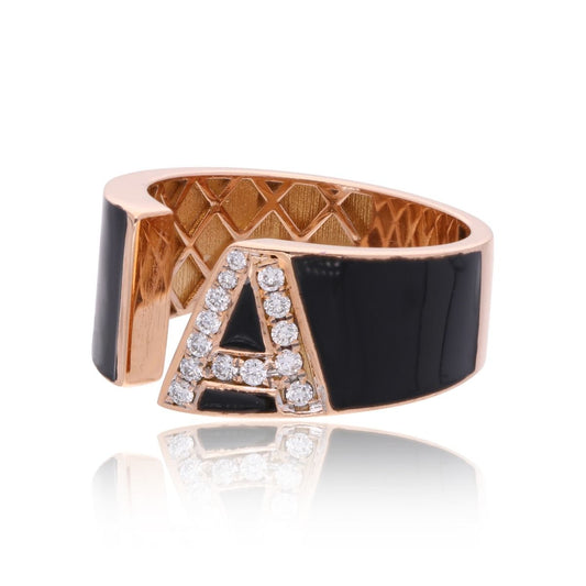 18k Rose Gold Handmade Cuff Band Ring 0.15 Carat HI Color SI Clarity Diamond Black Enamel Initial A Alphabet Jewelry