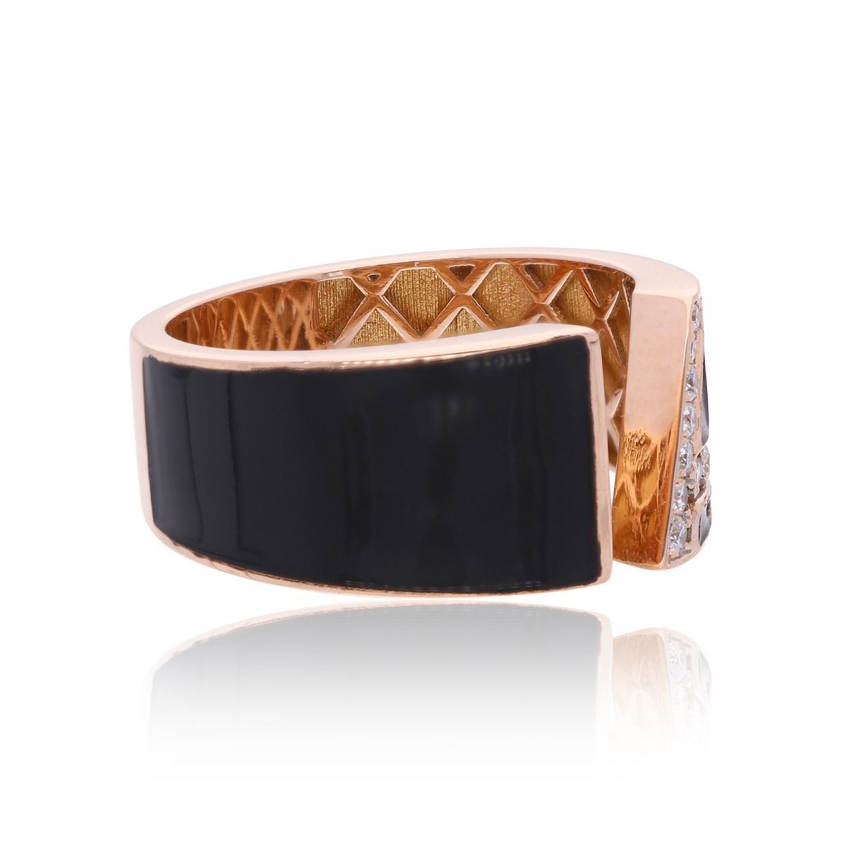 18k Rose Gold Handmade Cuff Band Ring 0.15 Carat HI Color SI Clarity Diamond Black Enamel Initial A Alphabet Jewelry