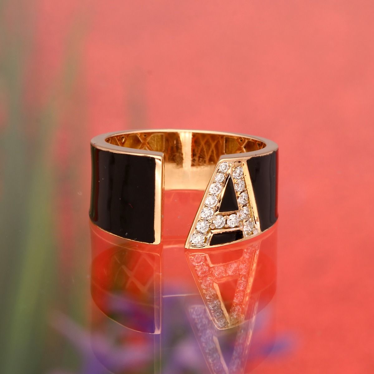 18k Rose Gold Handmade Cuff Band Ring 0.15 Carat HI Color SI Clarity Diamond Black Enamel Initial A Alphabet Jewelry