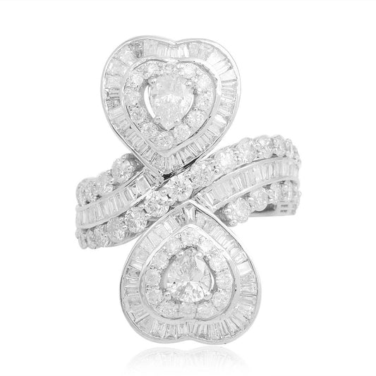 Two Heart Shaped Baguette Pave Diamond Solid 18 Kt White Gold Proposal Ring