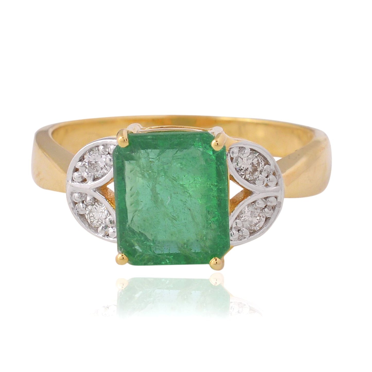 Solid 18Kt Yellow Gold SI Clarity HI Color Diamond Emerald Gemstone Ring