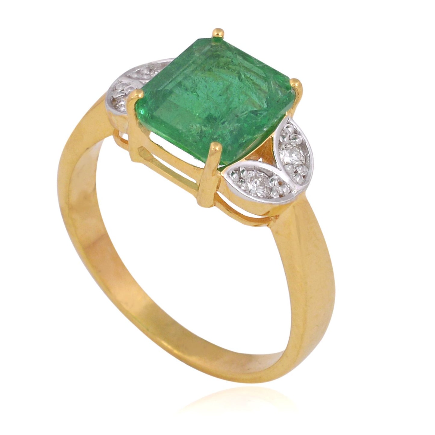 Solid 18Kt Yellow Gold SI Clarity HI Color Diamond Emerald Gemstone Ring