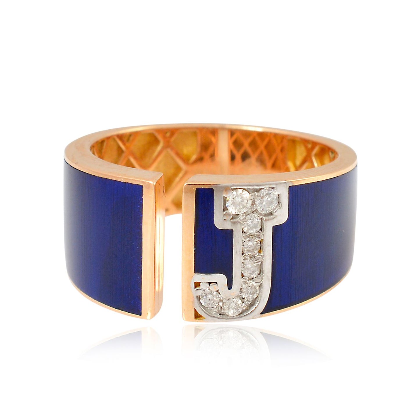 Natural Diamond Blue Enamel Initial J Letter Ring 18k Rose Gold Handmade Jewelry