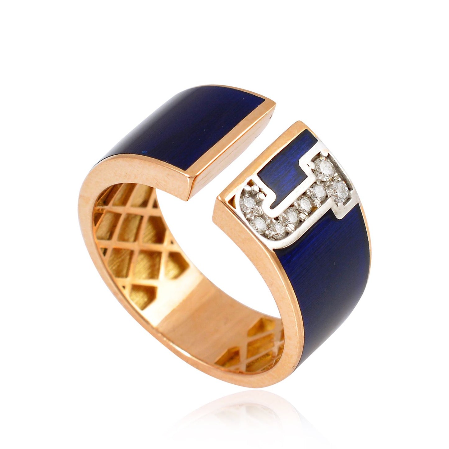 Natural Diamond Blue Enamel Initial J Letter Ring 18k Rose Gold Handmade Jewelry