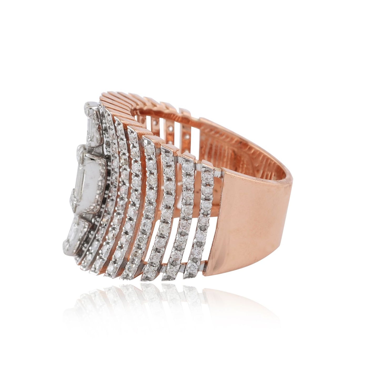 1.45 TCW Solid 18Kt Rose Gold SI Clarity HI Color Diamond Cage Ring Indian Gold Jewelry Online