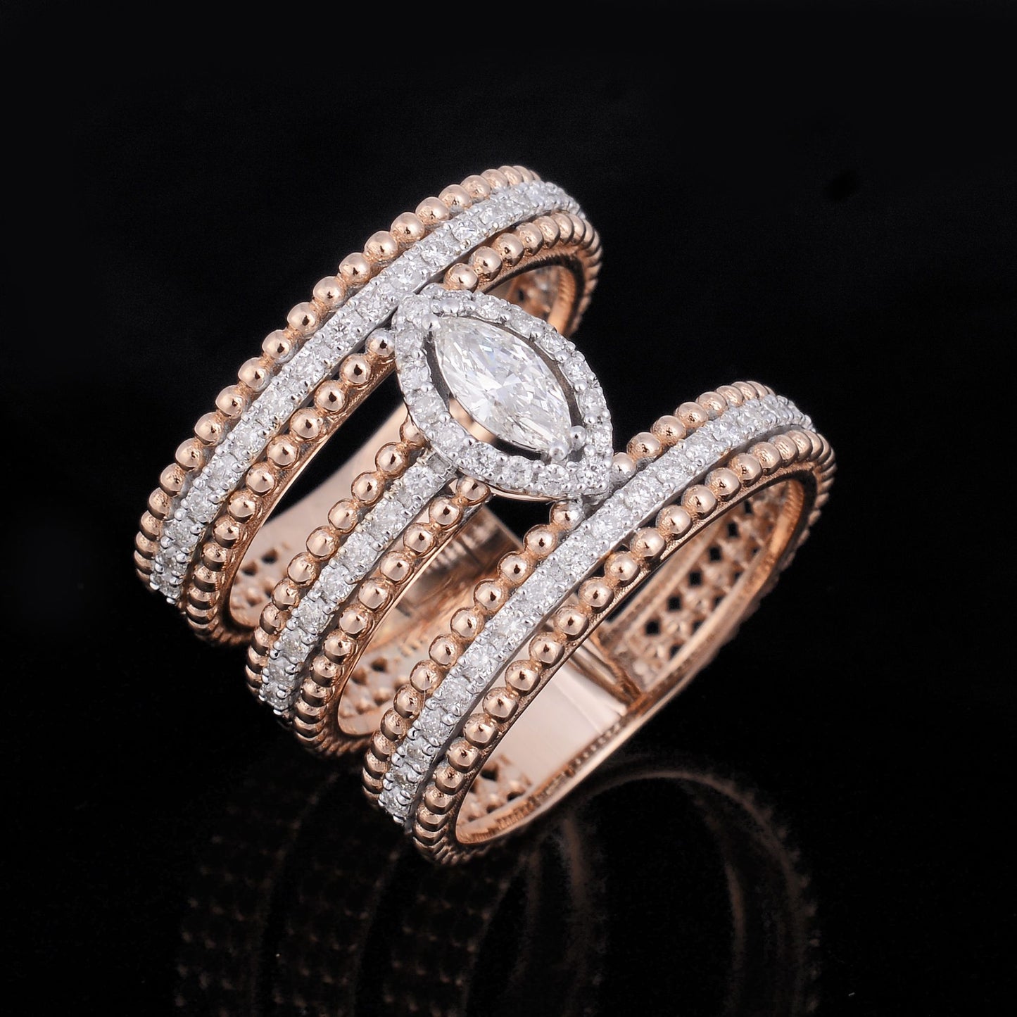 0.7 TCW Solid 18Kt Rose Gold SI Clarity HI Color Diamond Double Band Designer Ring