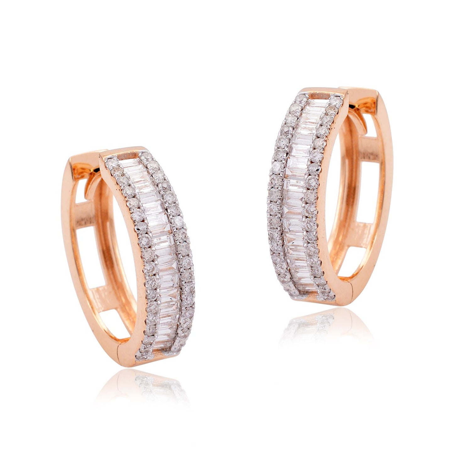 1.60 TCW Baguette Diamond Minimalist Hoop Earrings 10k Rose Gold Fine Jewelry