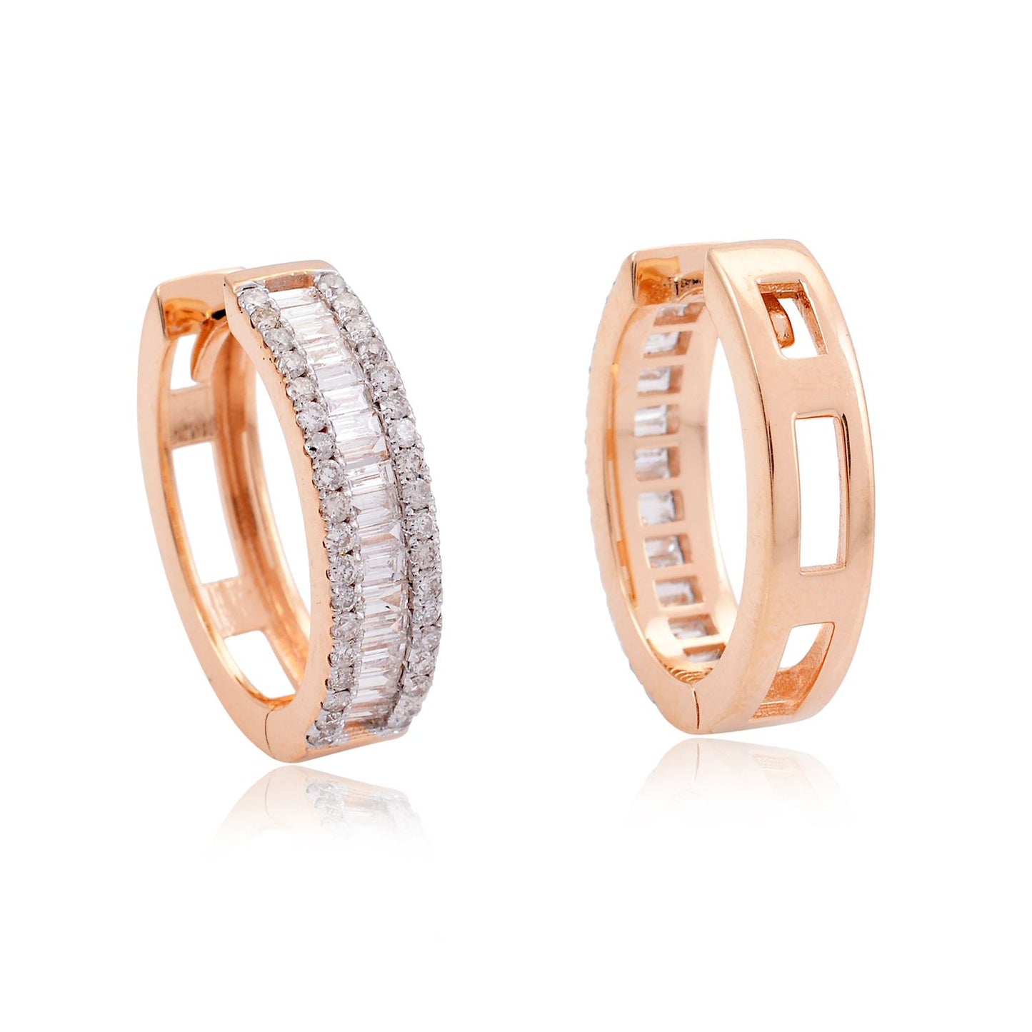 1.60 TCW Baguette Diamond Minimalist Hoop Earrings 10k Rose Gold Fine Jewelry