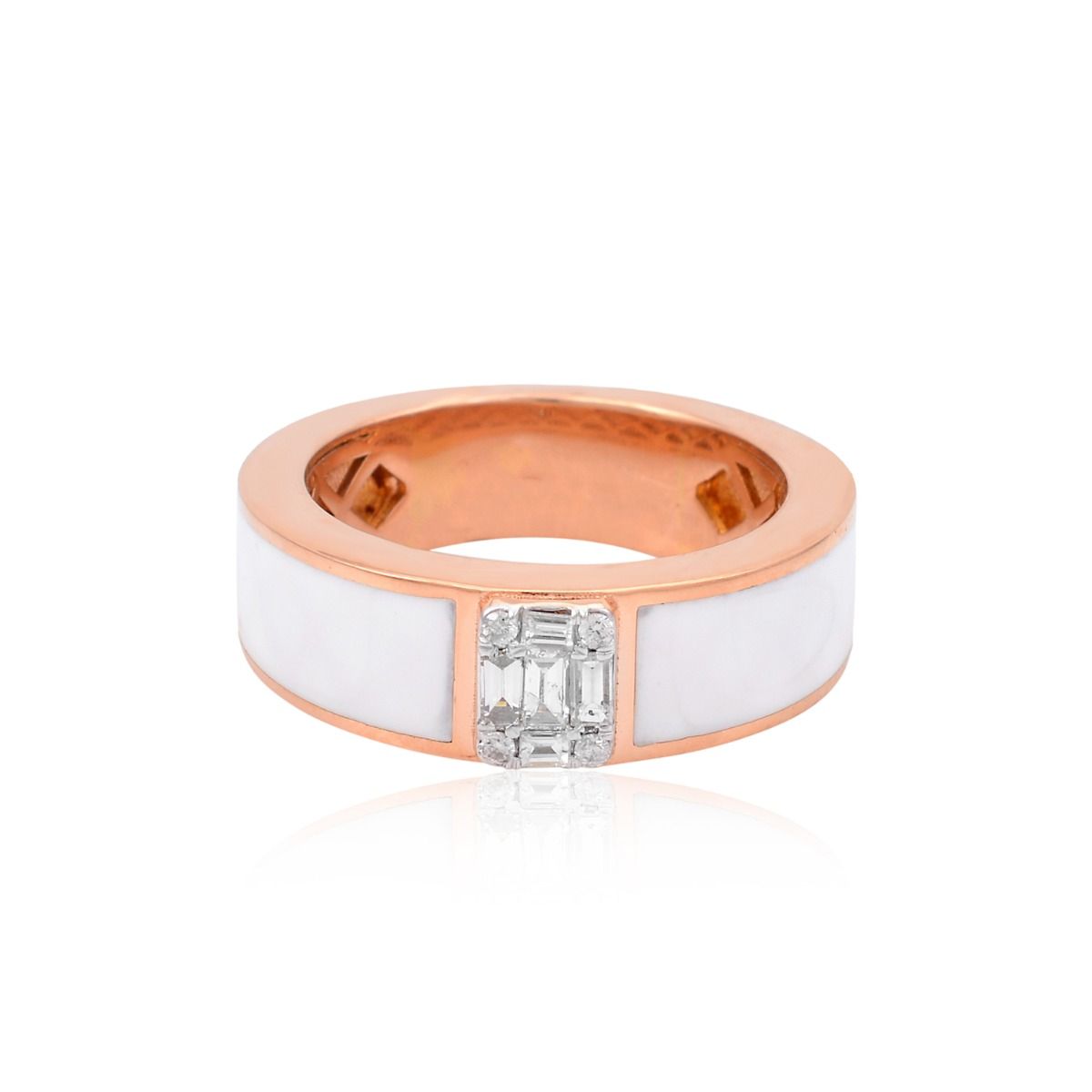 18k Rose Gold Baguette Diamond White Enamel Band Ring
