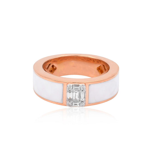18k Rose Gold Baguette Diamond White Enamel Band Ring