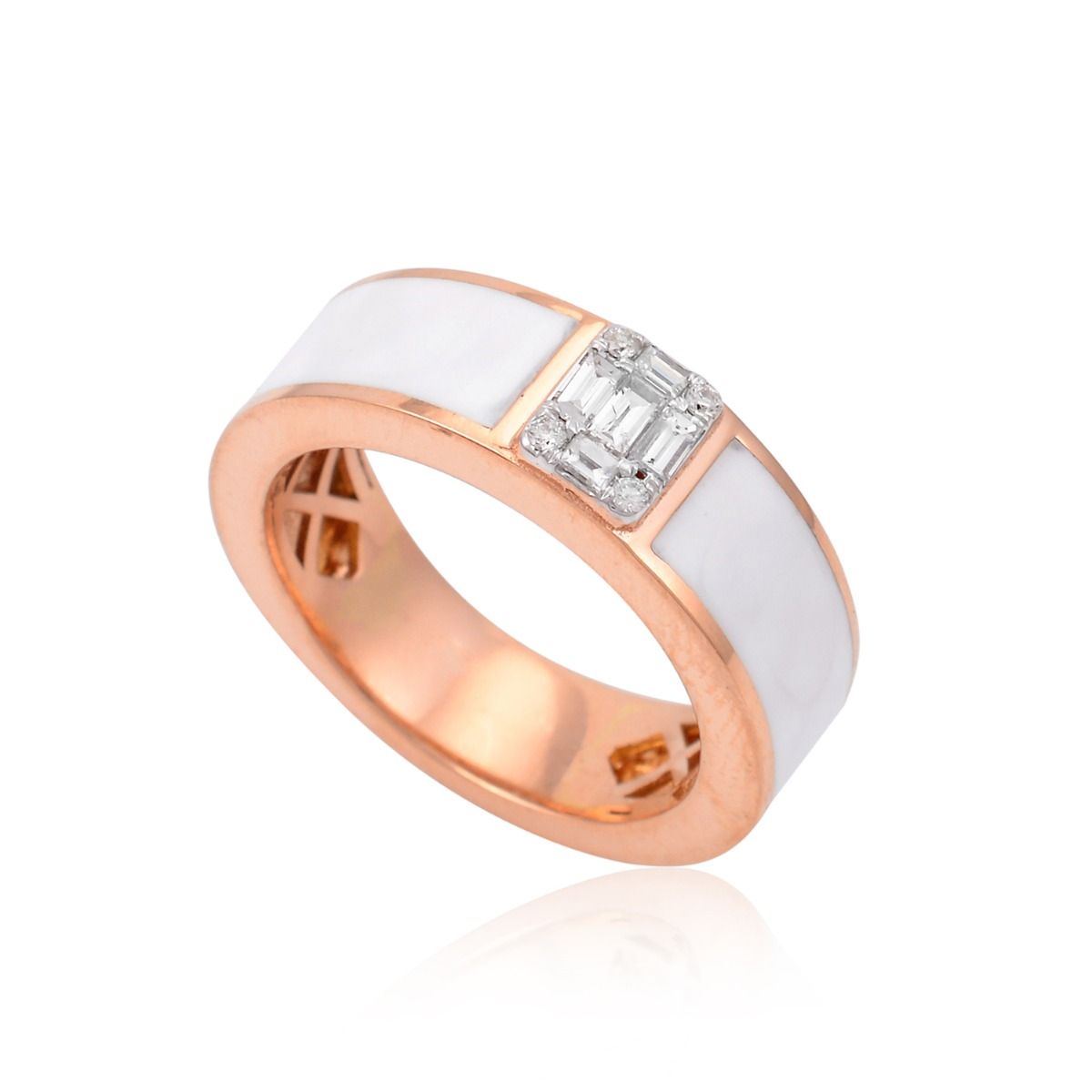 18k Rose Gold Baguette Diamond White Enamel Band Ring