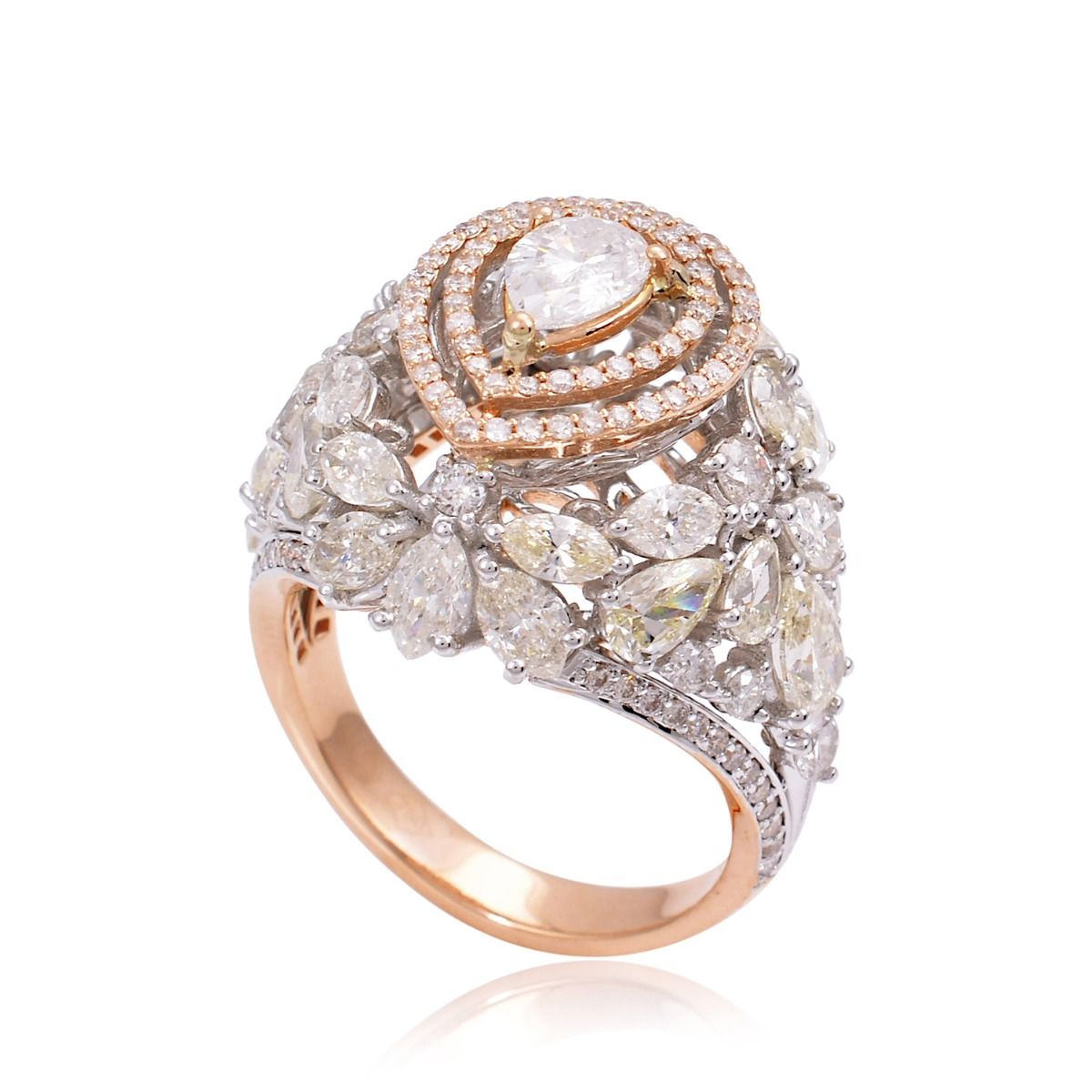 Natural Marquise & Pear Diamond Solid 18 Kt Rose Gold Ring