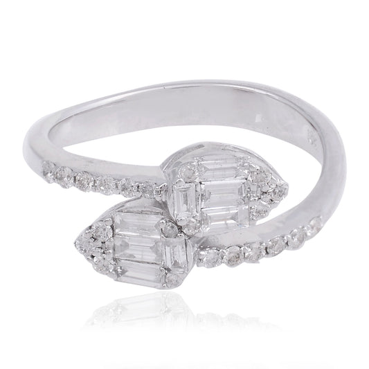 0.55 TCW Baguette & Pave Diamond Solid 18 Kt White Gold SI Clarity HI Color Promise ByPass Ring