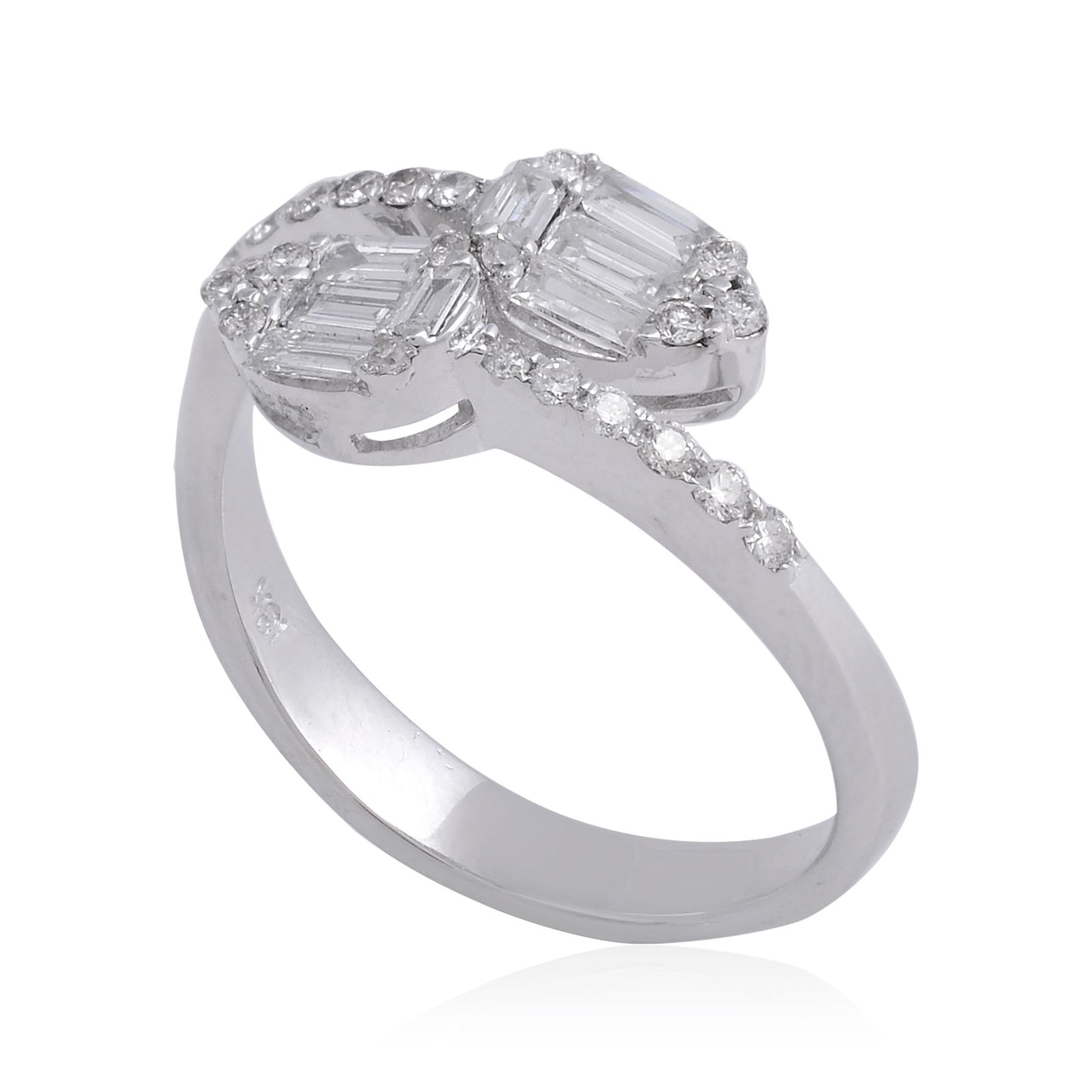 0.55 TCW Baguette & Pave Diamond Solid 18 Kt White Gold SI Clarity HI Color Promise ByPass Ring