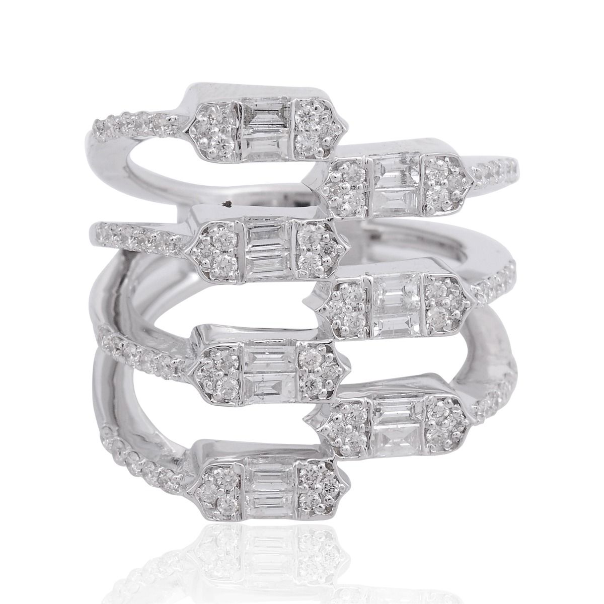 Solid 18 Kt White Gold HI Color SI Clarity Baguette Diamond Multi Bypass Ring