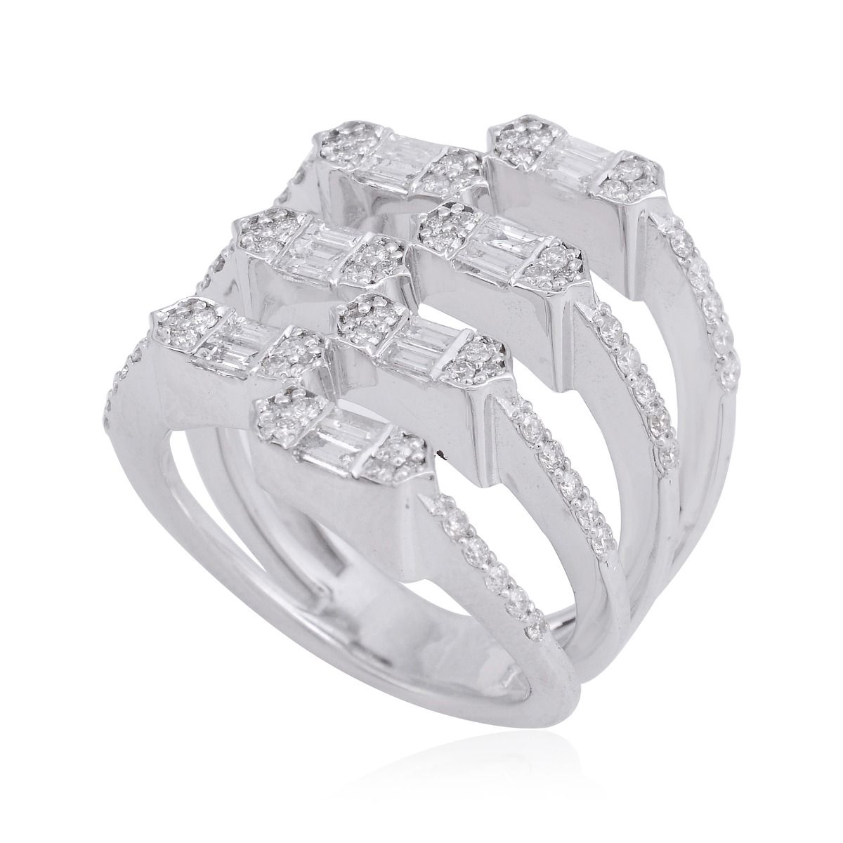 Solid 18 Kt White Gold HI Color SI Clarity Baguette Diamond Multi Bypass Ring