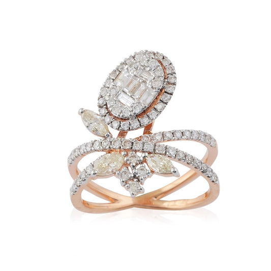 1.45 TCW Baguette & Marquise Diamond Solid 18 Kt Rose Gold Designer Ring