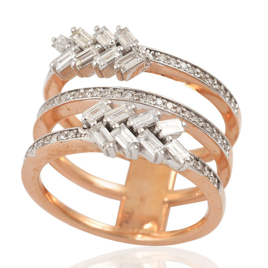 0.95 TCW Three Band Baguette SI/HI Pave Diamond 18 Kt Rose Gold Proposal Ring