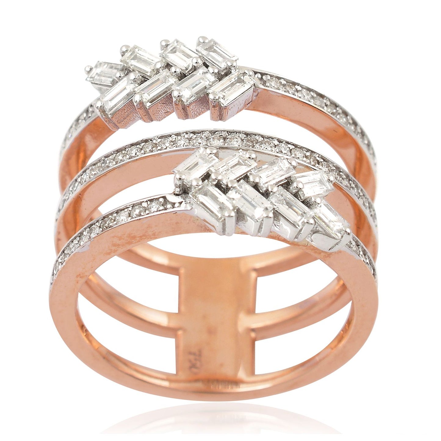 0.95 TCW Three Band Baguette SI/HI Pave Diamond 18 Kt Rose Gold Proposal Ring