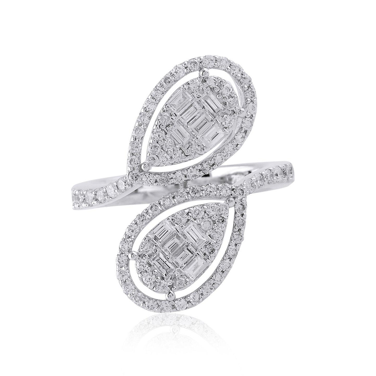 1.35 TCW Baguette & Pave Solid 18 Kt White Gold SI Clarity HI Color Diamond Promise By Pass Ring