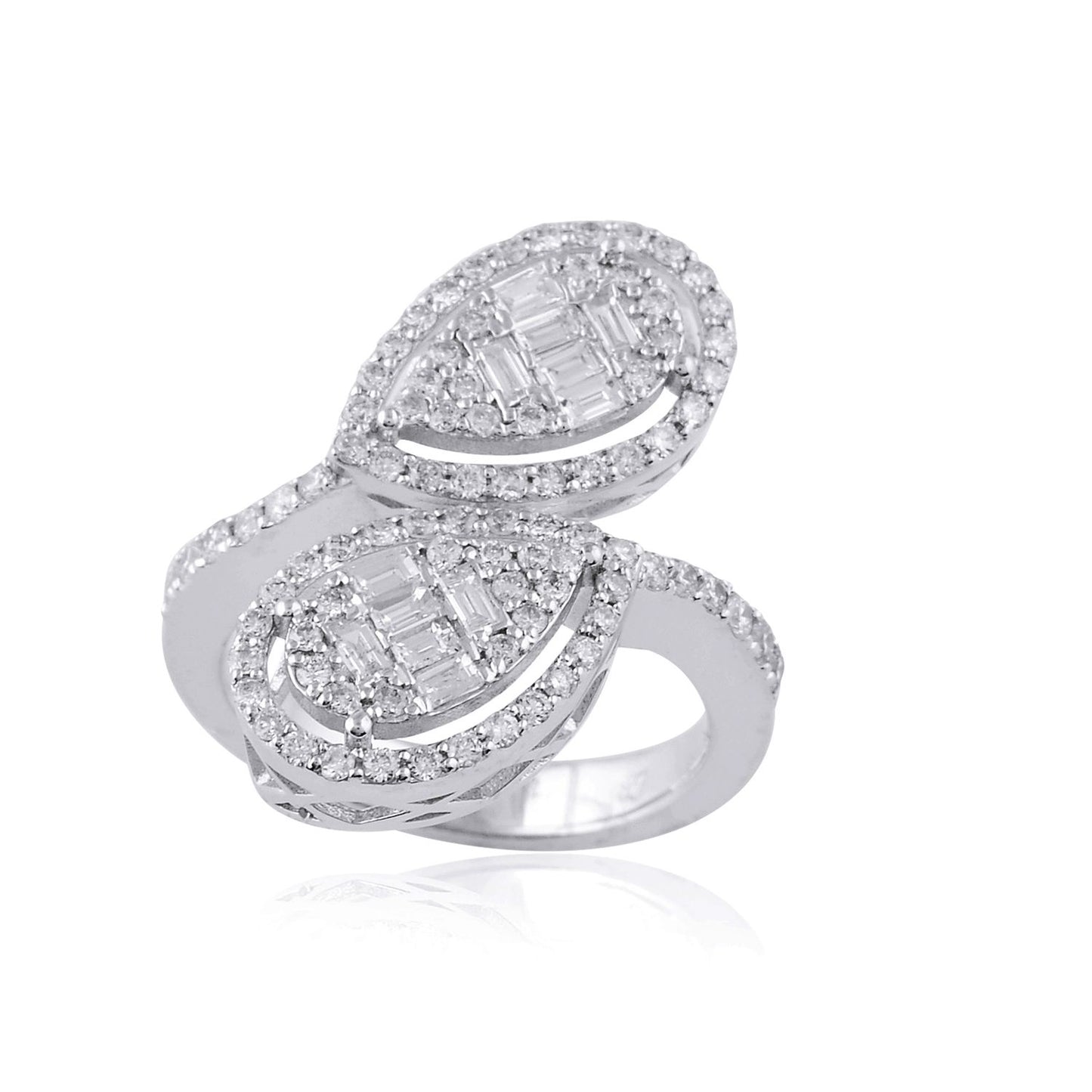 1.35 TCW Baguette & Pave Solid 18 Kt White Gold SI Clarity HI Color Diamond Promise By Pass Ring