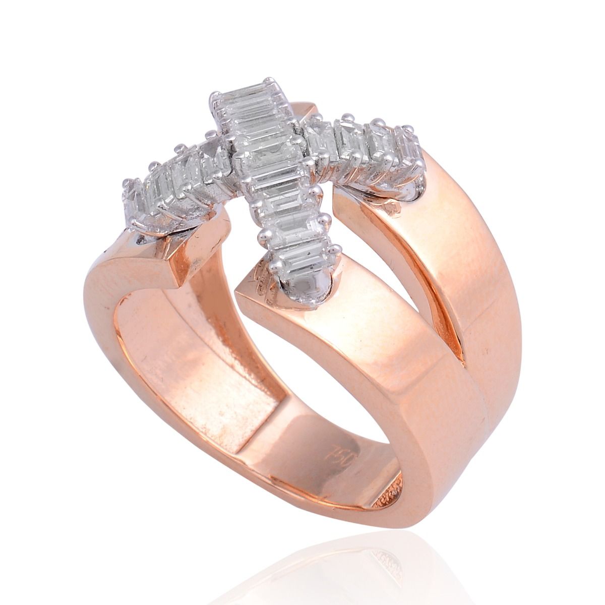 1.00 TCW Baguette Diamond Solid 18 Kt Rose Gold Cross Band Ring