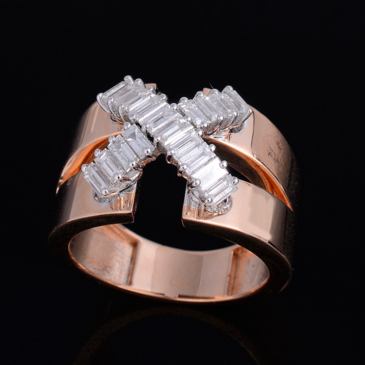 1.00 TCW Baguette Diamond Solid 18 Kt Rose Gold Cross Band Ring