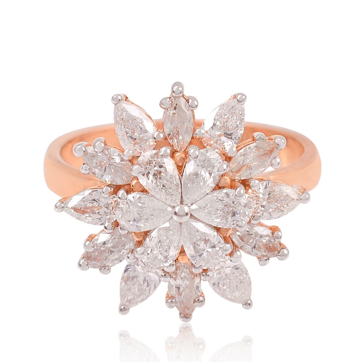 Solid 18 Kt Rose Gold SI Clarity HI Color Pear & Marquise Diamond Flower Band Ring