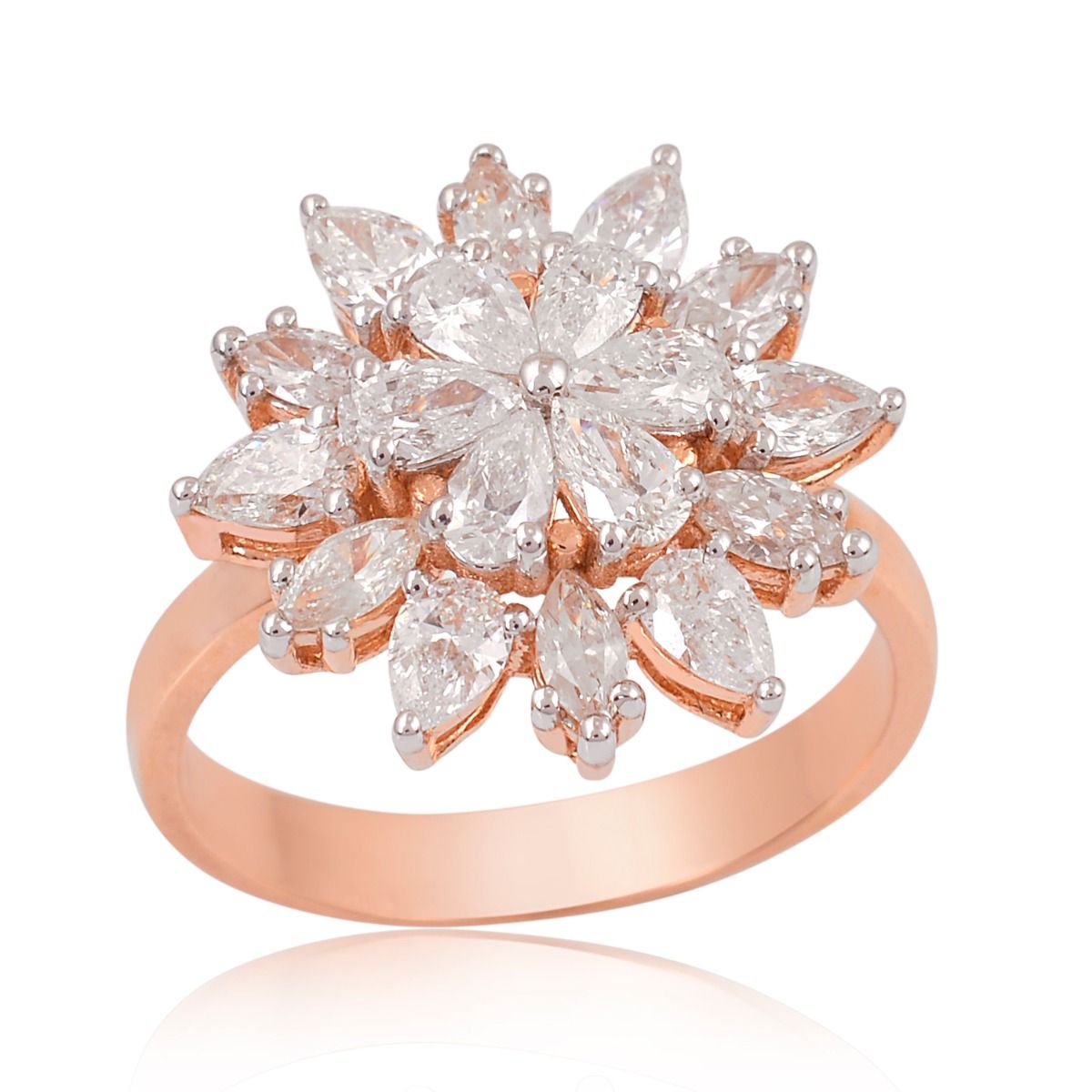 Solid 18 Kt Rose Gold SI Clarity HI Color Pear & Marquise Diamond Flower Band Ring