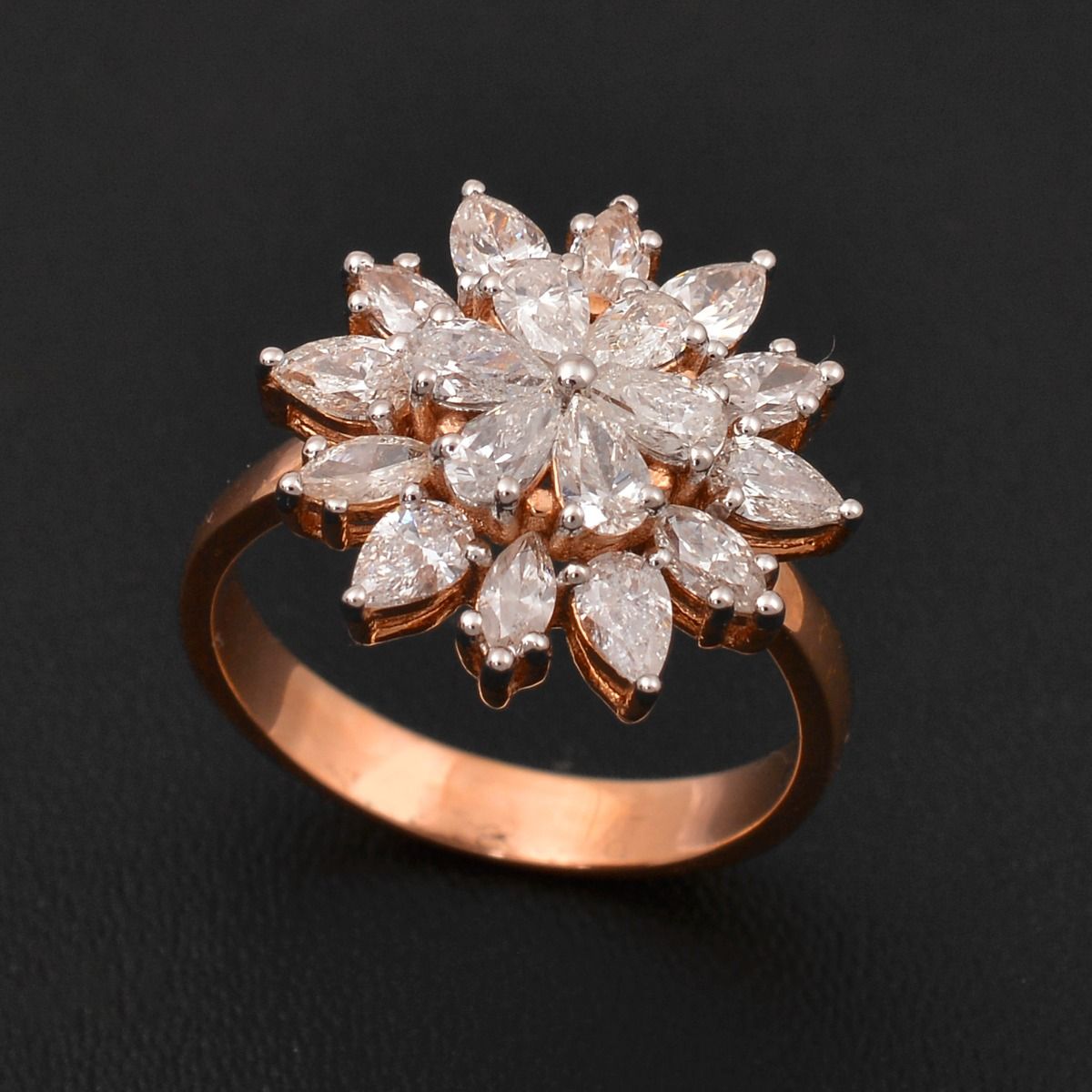 Solid 18 Kt Rose Gold SI Clarity HI Color Pear & Marquise Diamond Flower Band Ring