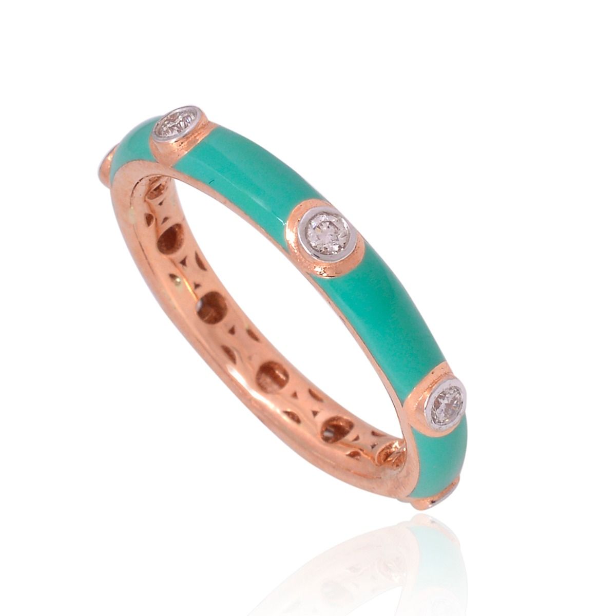 18k Rose Gold Genuine Diamond Green Enamel Band Ring