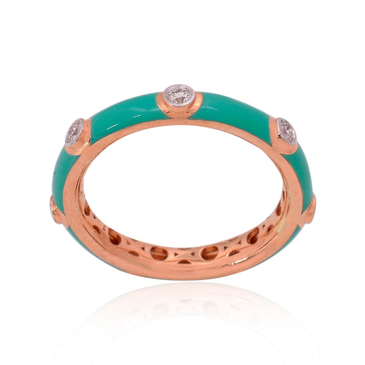 18k Rose Gold Genuine Diamond Green Enamel Band Ring