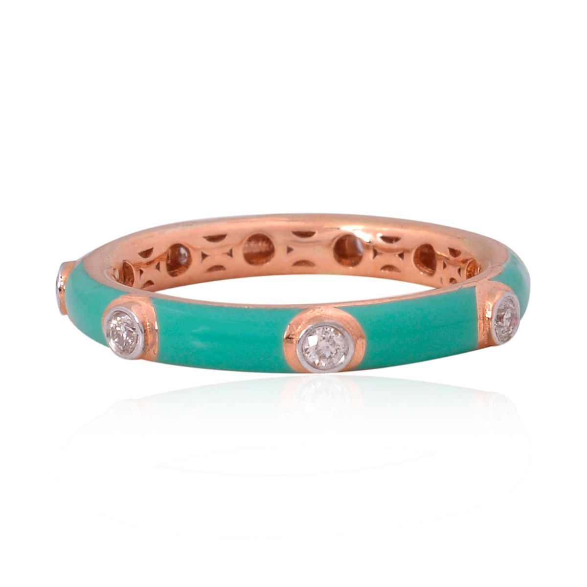 18k Rose Gold Genuine Diamond Green Enamel Band Ring