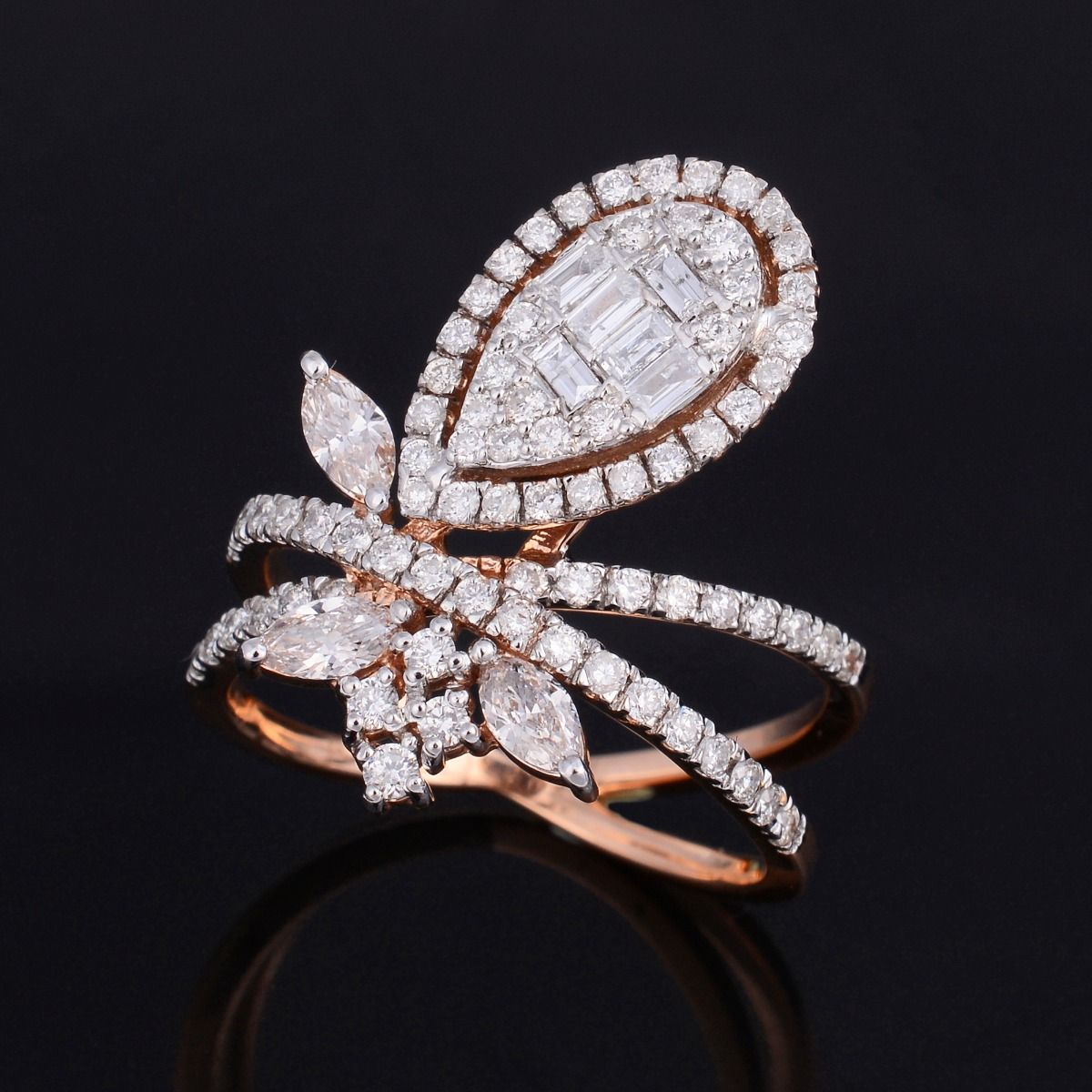 1.3 TCW Solid 18Kt Rose Gold SI Clarity HI Color Diamond Criss Cross Designer Ring