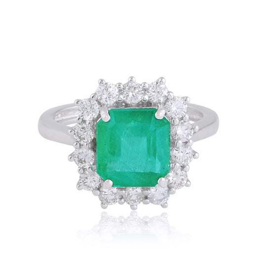 Solid 14Kt White Gold SI Clarity HI Color Diamond Square Emerald Gemstone Ring