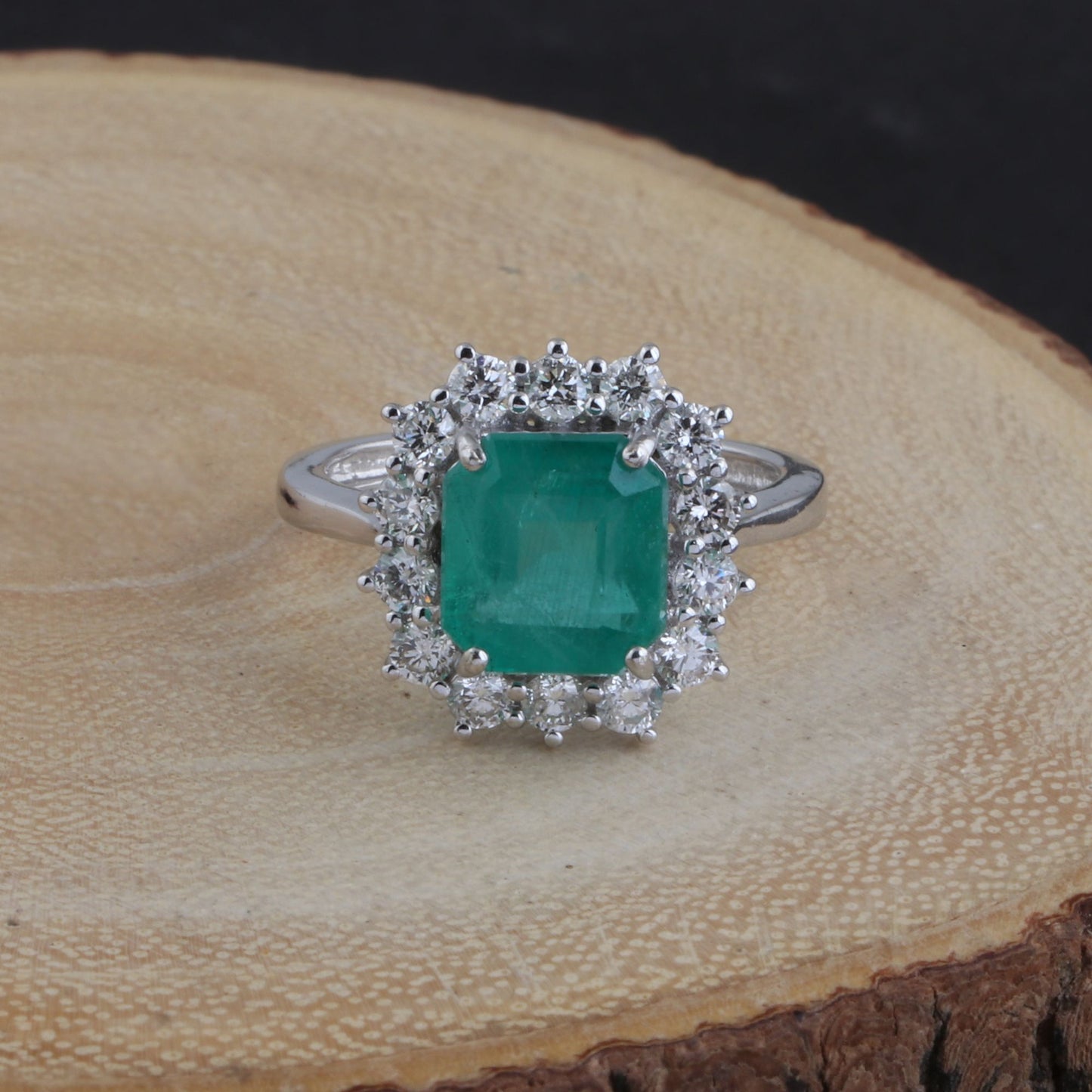 Solid 14Kt White Gold SI Clarity HI Color Diamond Square Emerald Gemstone Ring