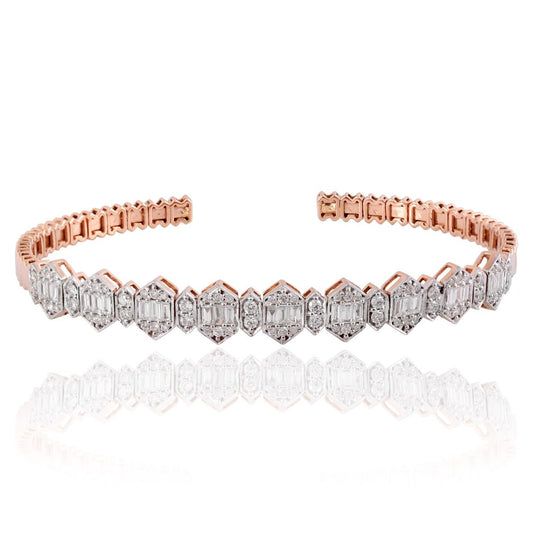 2.05 TCW Solid 14Kt Rose Gold SI Clarity HI Color Diamond Designer Cuff Bangle Bracelet