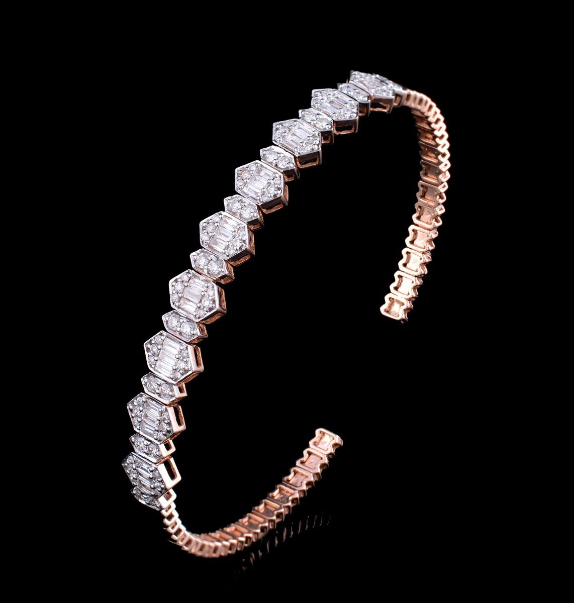 2.05 TCW Solid 14Kt Rose Gold SI Clarity HI Color Diamond Designer Cuff Bangle Bracelet