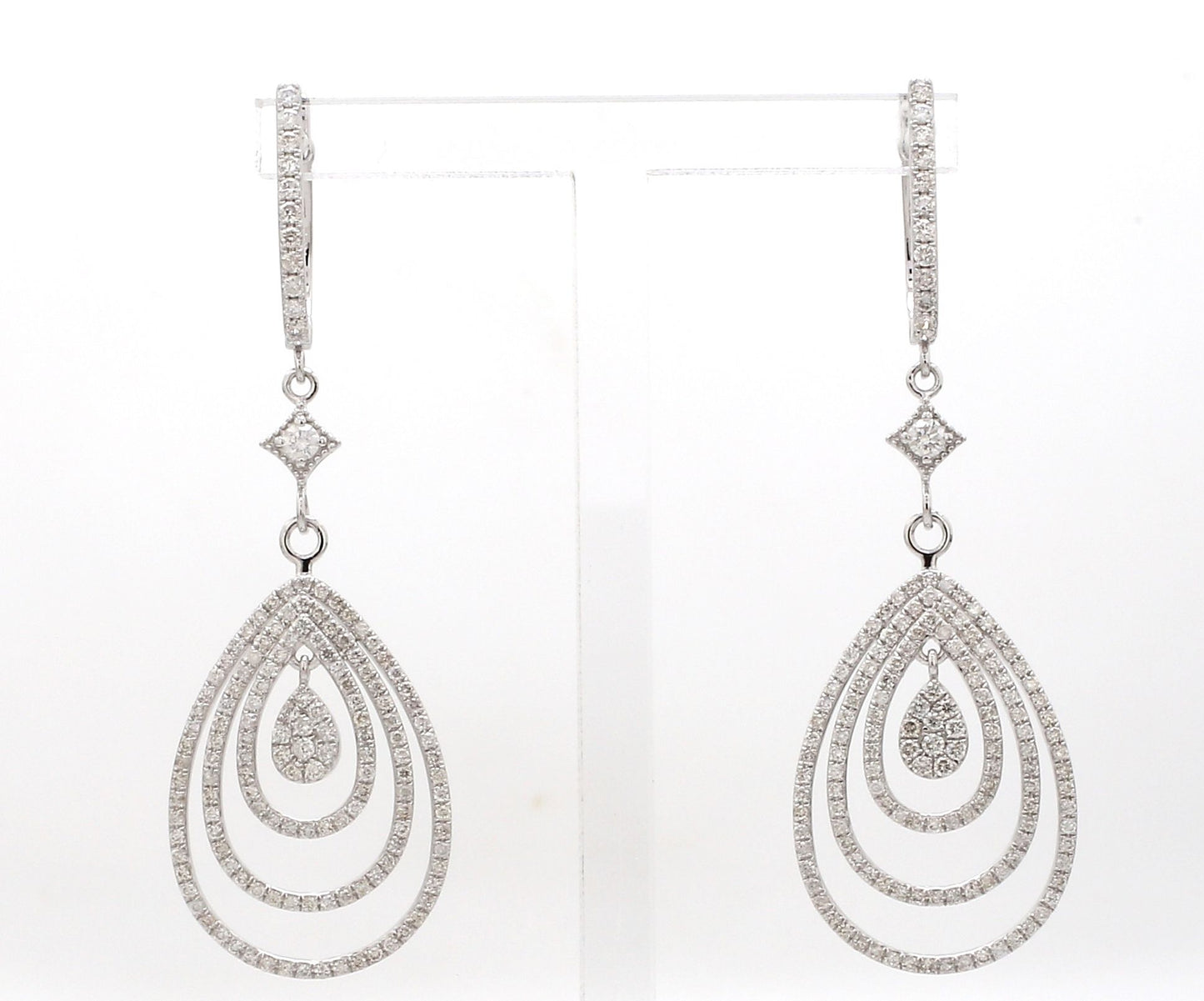 1.9 TCW Solid 14 Kt White Gold SI Clarity HI Color Diamond Three Layered Fine Dangle Earrings