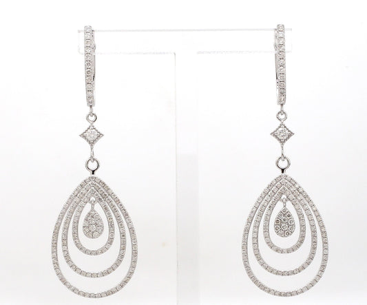 1.9 TCW Solid 14 Kt White Gold SI Clarity HI Color Diamond Three Layered Fine Dangle Earrings